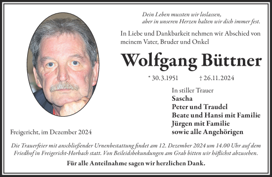 Traueranzeige von Wolfgang Büttner von Gelnhäuser Neue Zeitung