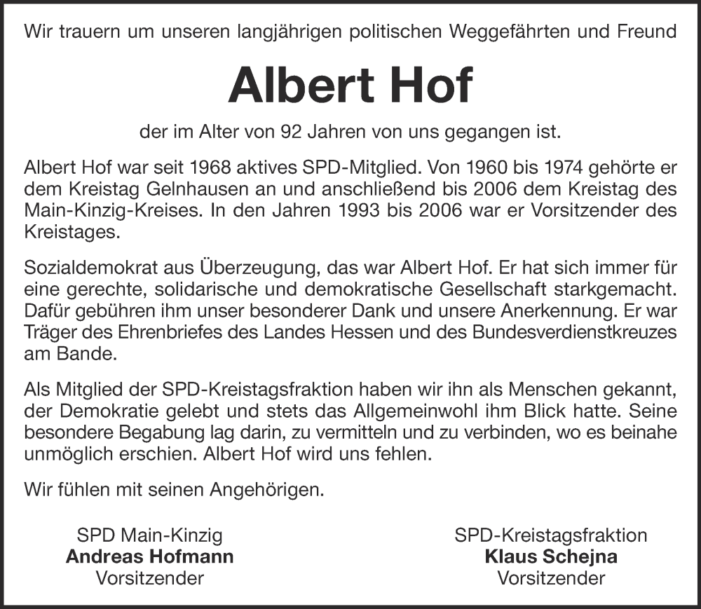  Traueranzeige für Albert Hof vom 24.02.2024 aus Gelnhäuser Neue Zeitung