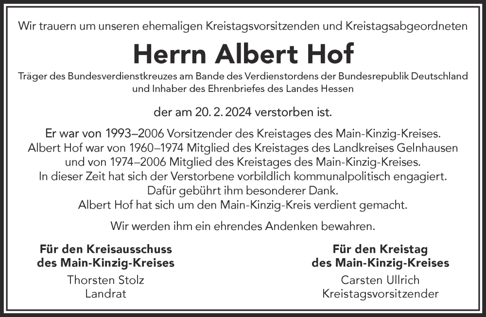  Traueranzeige für Albert Hof vom 24.02.2024 aus Gelnhäuser Neue Zeitung