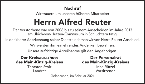 Traueranzeige von Alfred Reuter von Mittelhessen-Bote