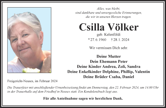 Traueranzeige von Csilla Völker von Gelnhäuser Neue Zeitung