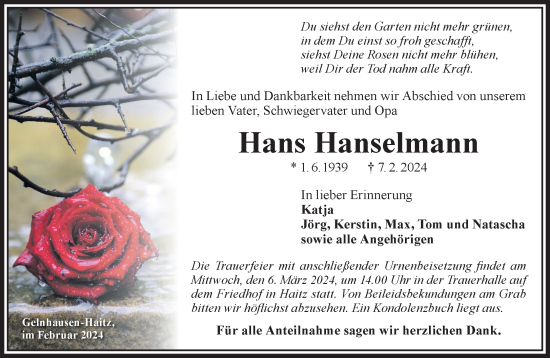 Traueranzeige von Hans Hanselmann von Gelnhäuser Neue Zeitung