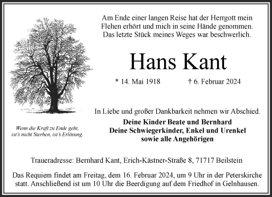 Traueranzeige von Hans Kant von Gelnhäuser Neue Zeitung