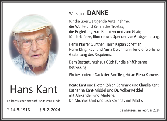 Traueranzeige von Hans Kant von Gelnhäuser Neue Zeitung