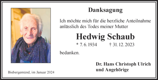 Traueranzeige von Hedwig Schaub von Gelnhäuser Neue Zeitung