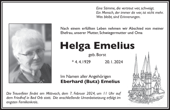 Traueranzeige von Helga Emelius von Gelnhäuser Neue Zeitung