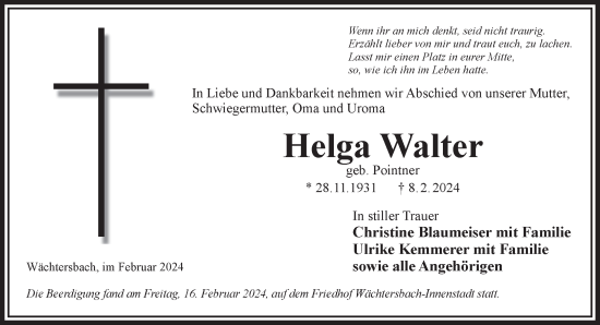 Traueranzeige von Helga Walter von Mittelhessen-Bote