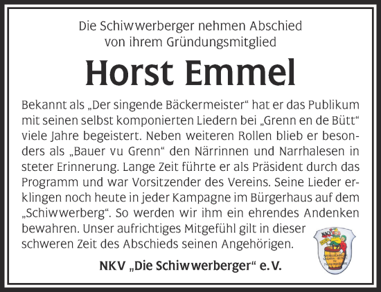 Traueranzeige von Horst Emmel von Gelnhäuser Neue Zeitung