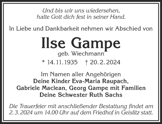 Traueranzeige von Ilse Gampe von Gelnhäuser Neue Zeitung