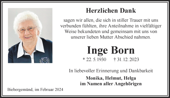 Traueranzeige von Inge Born von Gelnhäuser Neue Zeitung