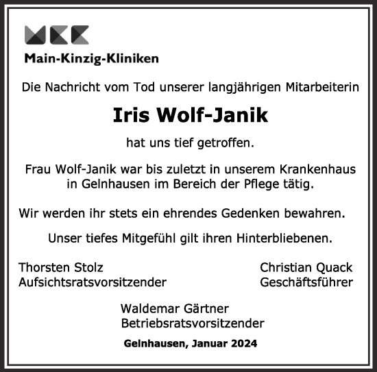 Traueranzeige von Iris Wolf-Janik von Mittelhessen-Bote