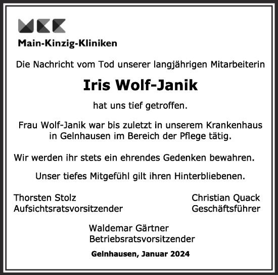 Traueranzeige von Iris Wolf-Janik von Gelnhäuser Neue Zeitung