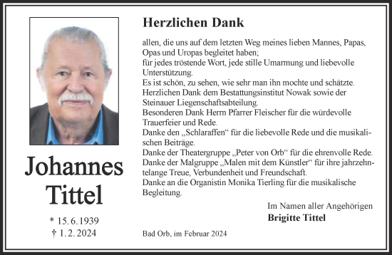 Traueranzeige von Johannes Tittel von Gelnhäuser Neue Zeitung