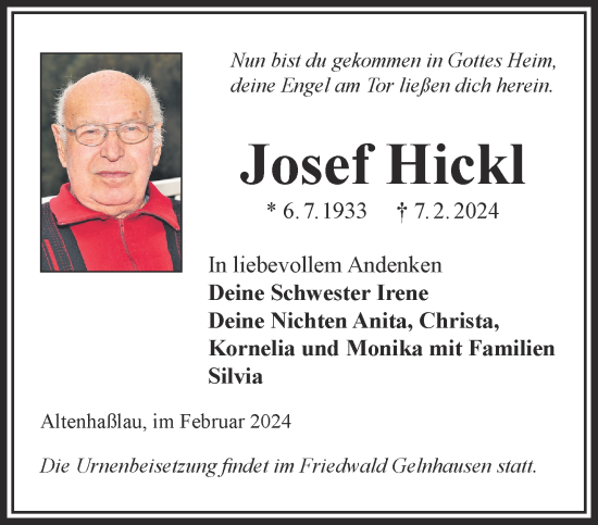 Traueranzeige von Josef Hickl von Gelnhäuser Neue Zeitung