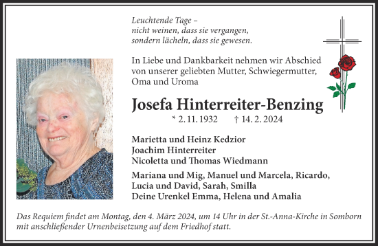 Traueranzeige von Josefa Hinterreiter-Benzing von Gelnhäuser Neue Zeitung