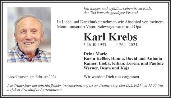 Traueranzeige von Karl Krebs von Gelnhäuser Neue Zeitung