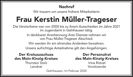 Traueranzeige von Kerstin Müller-Trageser von Gelnhäuser Neue Zeitung