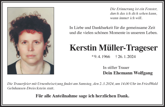 Traueranzeige von Kerstin Müller-Trageser von Gelnhäuser Neue Zeitung