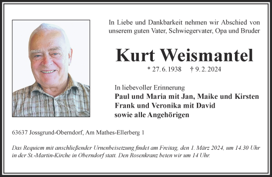 Traueranzeige von Kurt Weismantel von Gelnhäuser Neue Zeitung