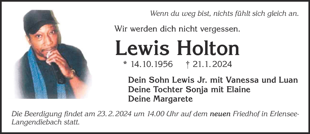  Traueranzeige für Lewis Holton vom 19.02.2024 aus Gelnhäuser Neue Zeitung