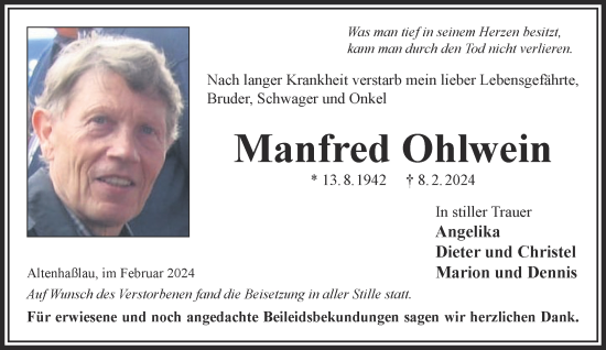 Traueranzeige von Manfred Ohlwein von Gelnhäuser Neue Zeitung