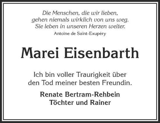 Traueranzeige von Marei Eisenbarth von Gelnhäuser Neue Zeitung