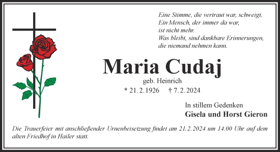 Traueranzeige von Maria Cudaj von Gelnhäuser Neue Zeitung