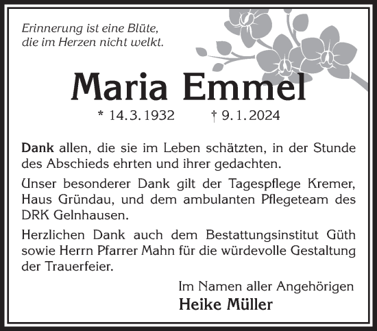 Traueranzeige von Maria Emmel von Mittelhessen-Bote