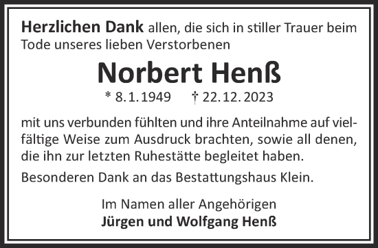 Traueranzeige von Norbert Henß von Gelnhäuser Neue Zeitung