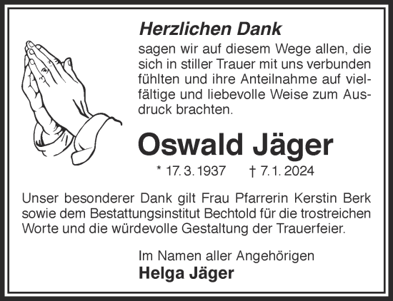 Traueranzeige von Oswald Jäger von Gelnhäuser Neue Zeitung