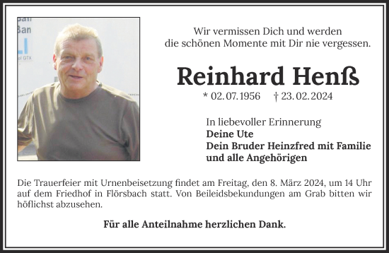 Traueranzeige von Reinhard Henß von Gelnhäuser Neue Zeitung