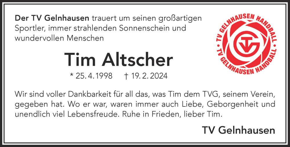  Traueranzeige für Tim Altscher vom 24.02.2024 aus Gelnhäuser Neue Zeitung