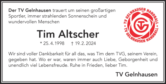 Traueranzeige von Tim Altscher von Gelnhäuser Neue Zeitung