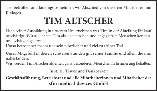 Traueranzeige von Tim Altscher von Gelnhäuser Neue Zeitung