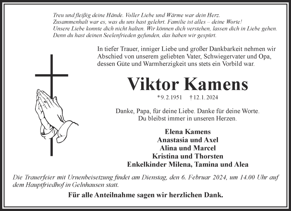  Traueranzeige für Viktor Kamens vom 03.02.2024 aus Gelnhäuser Neue Zeitung