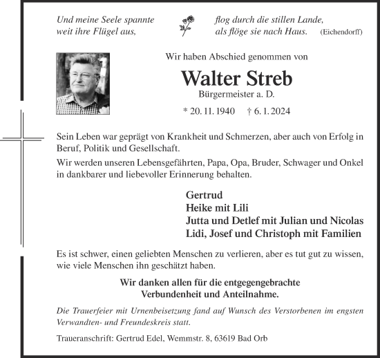 Traueranzeige von Walter Streb von Gelnhäuser Neue Zeitung