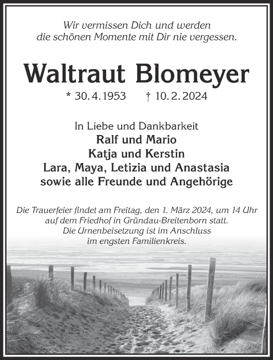 Traueranzeige von Waltraut Blomeyer von Gelnhäuser Neue Zeitung