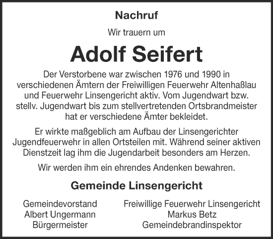 Traueranzeige von Adolf Seifert von Gelnhäuser Neue Zeitung