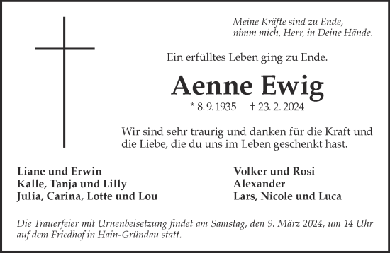 Traueranzeige von Aenne Ewig von Gelnhäuser Neue Zeitung