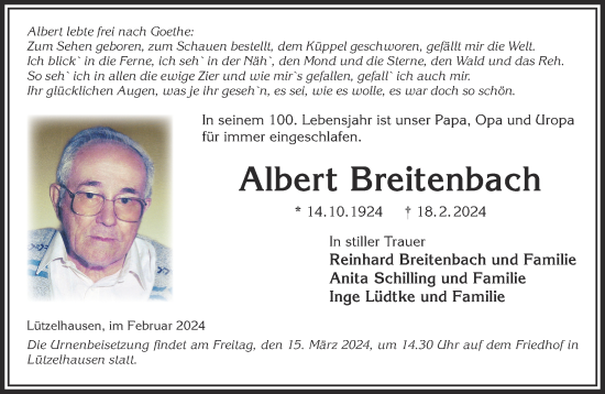 Traueranzeige von Albert Breitenbach von Gelnhäuser Neue Zeitung