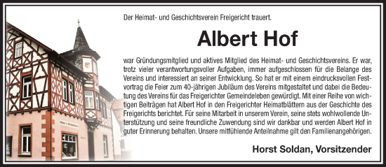 Traueranzeige von Albert Hof von Mittelhessen-Bote