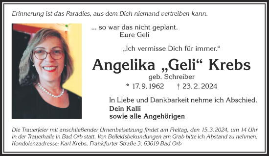 Traueranzeige von Angelika Krebs von Gelnhäuser Neue Zeitung