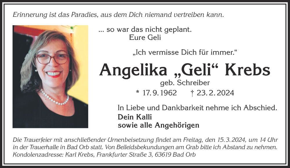  Traueranzeige für Angelika Krebs vom 09.03.2024 aus Mittelhessen-Bote