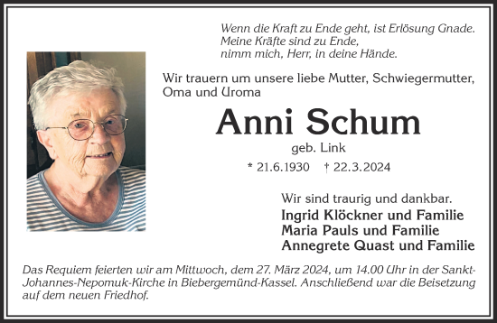 Traueranzeige von Anni Schum von Mittelhessen-Bote