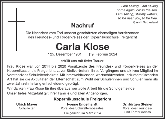 Traueranzeige von Carla Klose von Gelnhäuser Neue Zeitung