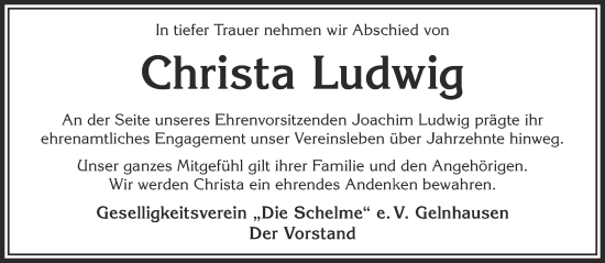Traueranzeige von Christa Ludwig von Gelnhäuser Neue Zeitung