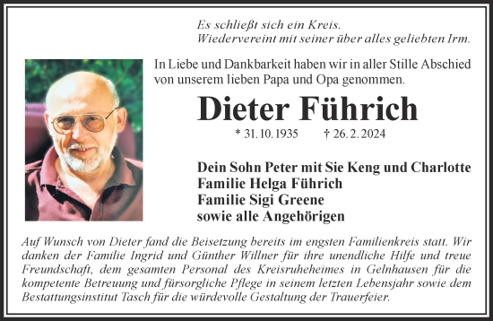Traueranzeige von Dieter Führich von Gelnhäuser Neue Zeitung
