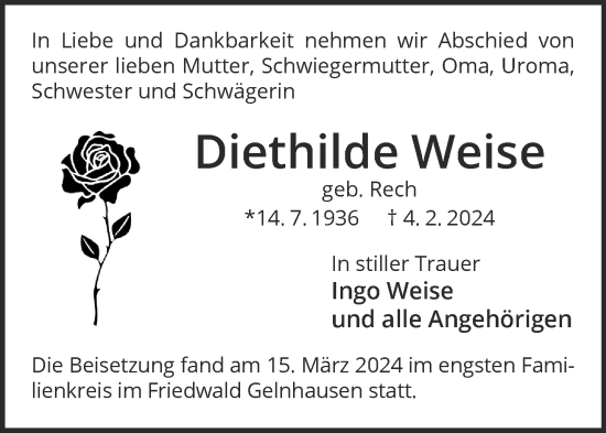 Traueranzeige von Diethilde Weise von Gelnhäuser Neue Zeitung