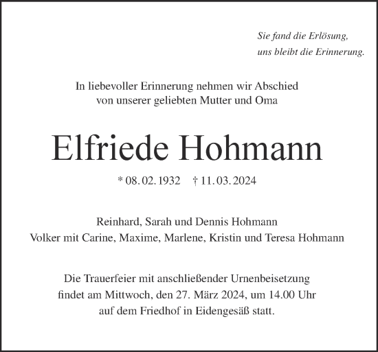 Traueranzeige von Elfriede Hohmann von Gelnhäuser Neue Zeitung