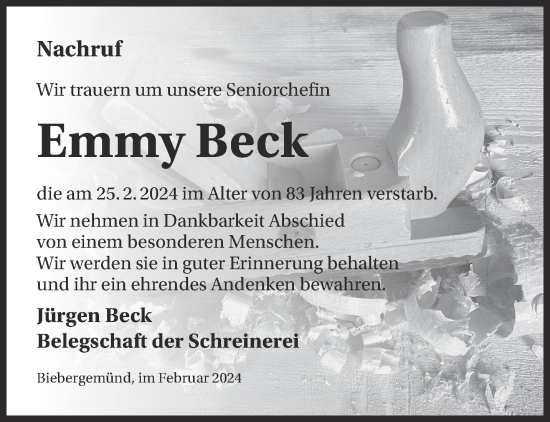 Traueranzeige von Emmy Beck von Mittelhessen-Bote